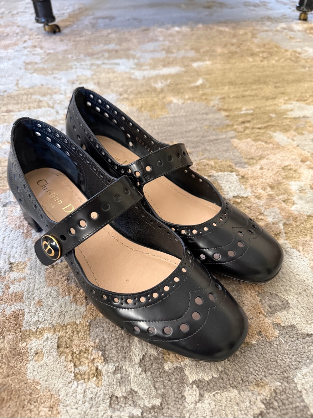 Dior Black Mary Jane Perforated Leather Flats - Picture 2 of 9